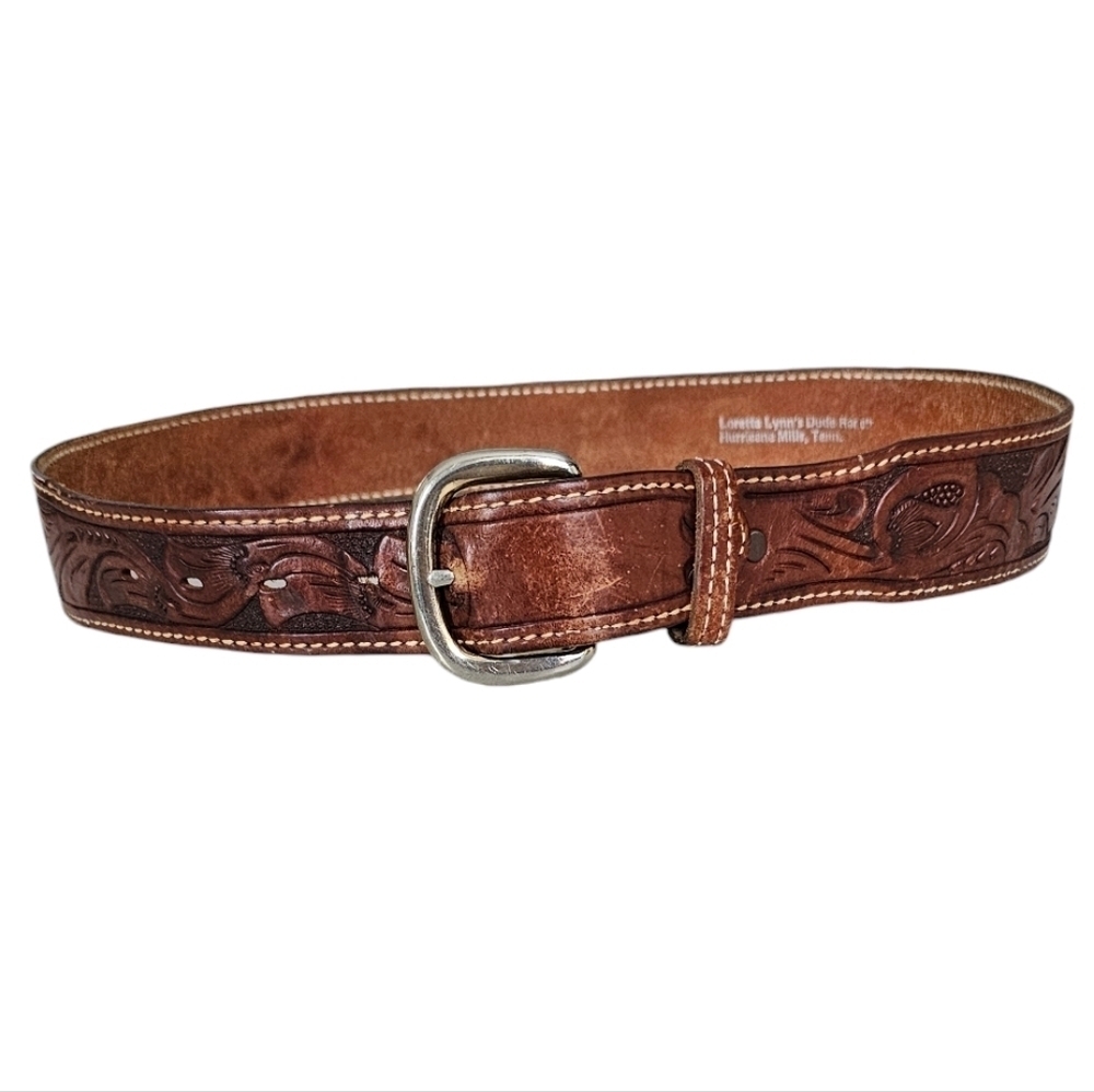 Vintage Cowboy Hand Tooled Tan Leather Belt from Loretta Lynn's Dude Ranch 34"